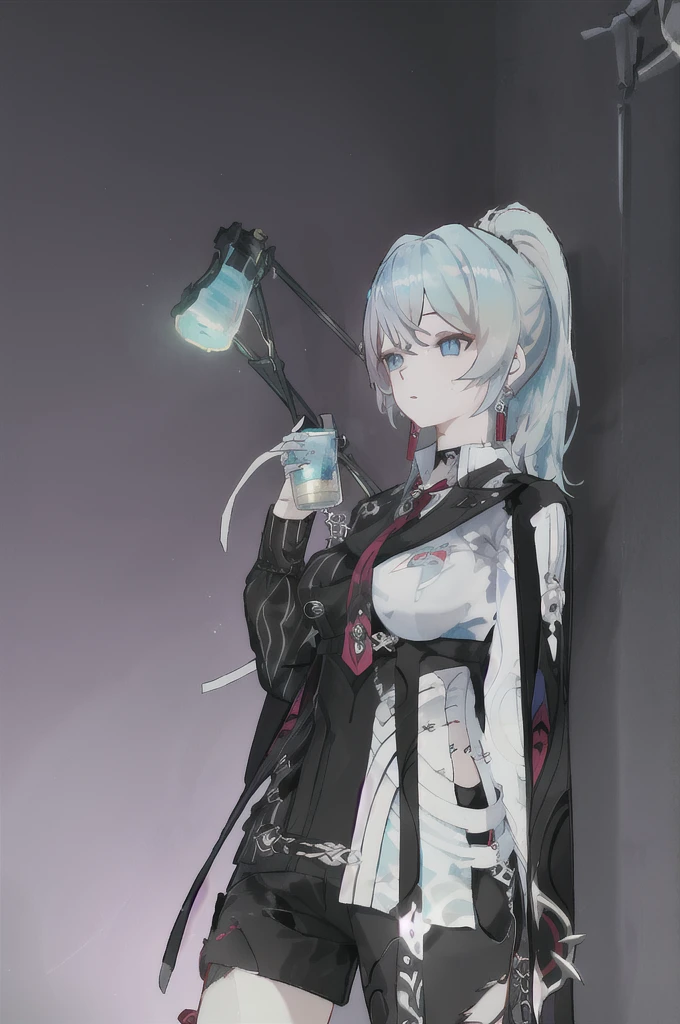 8K,high resolution,absurd,masterpiece,best quality,The original,Extremely detailed CG,Extremely detailed wallpaper,Perfect lighting,1 Girl,Vague_background,
(hutaodef:1.2),Black shorts,black h在 with h在 ,High Ponytail,blue eyes,Gray-blue hair,Leisure,Regular Clothes,modern