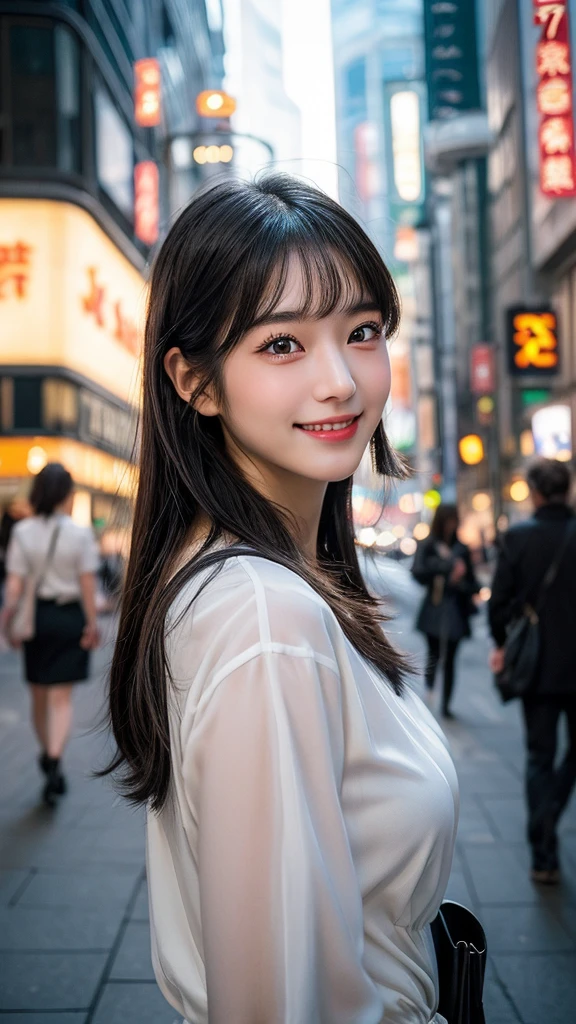 1 female,18 year old,smile:1.3,(BLACK  eyes:1.3),((8K,masterpiece,Perfect Anatomy)),Cowboy Shot,(Beautiful and exquisite face and eyes,gorgeous eyes:1.3) ,Black Hair:1.3,bangs,smile,blush,Small breasts,Tokyo street、((Background blur)),((ジャケット:1.3))、ウェーブヘアー ,Street Snap、Backlight:1.2