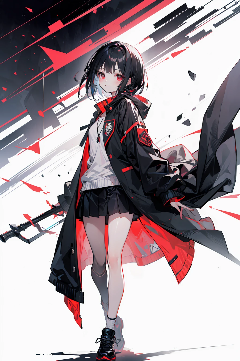 (masterpiece, highest quality, highest quality, (No text), Beautiful and aesthetic:1.2),No text,アニメ、 BREAK,One Girl,Short black hair Red eyes Beauty cool smile Black Coat mini skirt whole body Night view