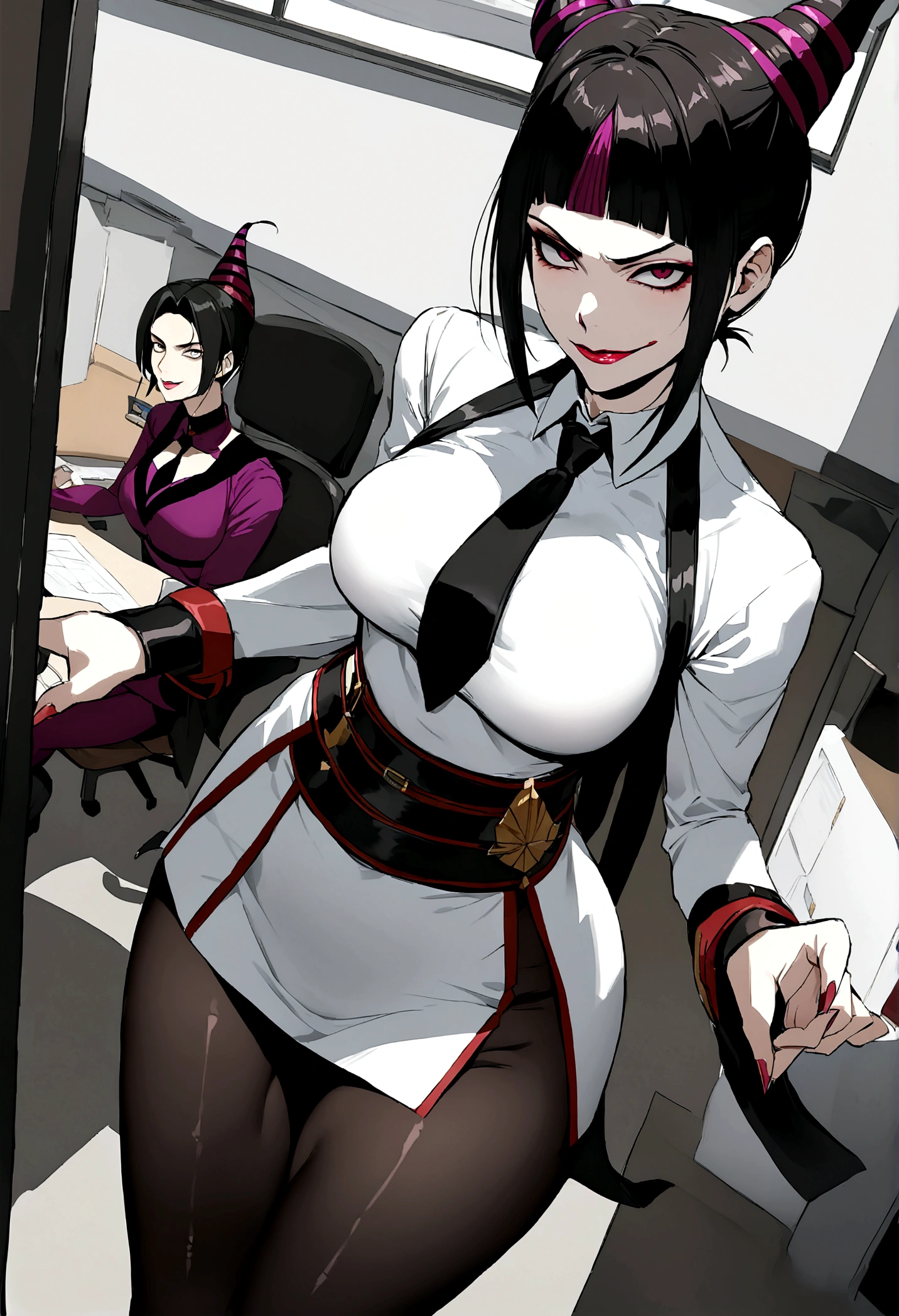 juri han, work of art, tight white secretary shirt with black tie, black high waist skirt, short skirt,stocking, black hair, black tights,evil smile,office,franja nos olhos,iluminação,chifre de cabelos,visão de cima,olhando para cima
