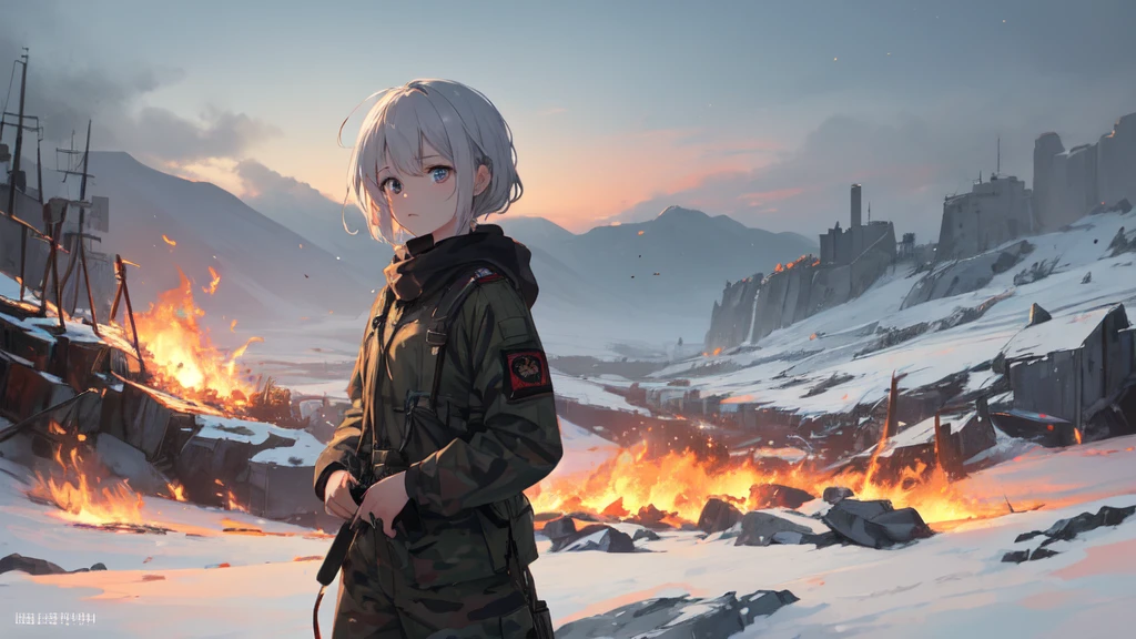 masterpiece:1.2), best quality , 独奏 ,pixiv, anime girl ，long straight white hair , black eyes ,Wearing off-white camouflage uniform ,ten years old，military fortress，(Eyes looking into the distance:1.3)，(look away:1.5)，snowy weather，dirty face，The background is a city in flames with blood on the forehead，dirty face，Backlight，Bare rocky peaks ,Fierce flames are burning，The expression is sad，Grit your teeth