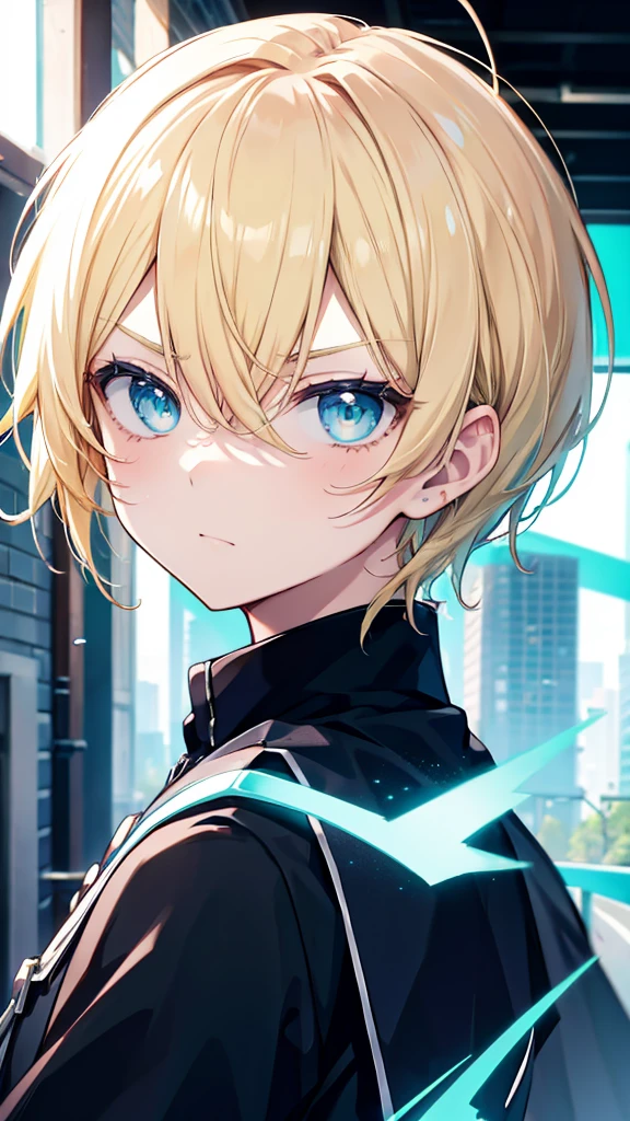 rofile background, anime boy, serious face, blond hair, cyan eyes, student clothing, high-res portrait, detailed eyes and face, character, fantasy, advanced urban, looking from behind at viewer, 4K, high resolution