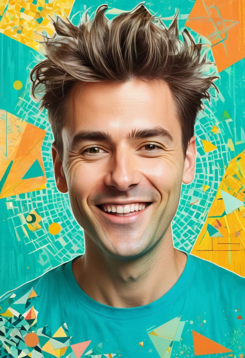 Pop art style portrait, a cheerful enthusiastic man with disheveled hair surrounded by bright geometric shapes, bold lines and a collage of text and symbols. a combination of cool and warm colors with an emphasis on turquoise, yellow and peach shades, as well as abstract elements that create an impression of movement and energy. The background is a dynamic mosaic of patterns and shapes reminiscent of urban street art and vintage advertising.