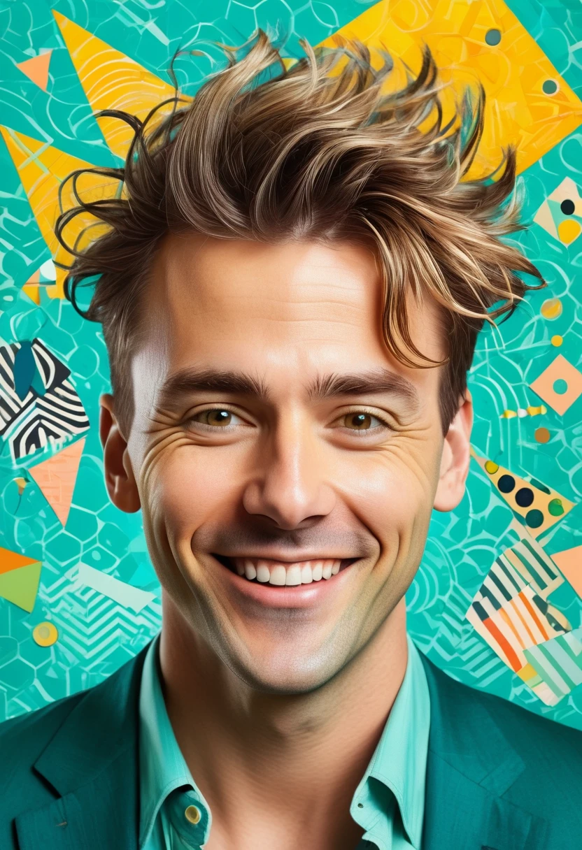 Pop art style portrait, a cheerful enthusiastic man with disheveled hair surrounded by bright geometric shapes, bold lines and a collage of text and symbols. a combination of cool and warm colors with an emphasis on turquoise, yellow and peach shades, as well as abstract elements that create an impression of movement and energy. The background is a dynamic mosaic of patterns and shapes reminiscent of urban street art and vintage advertising.