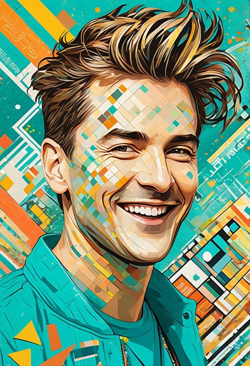 Pop art style portrait, a cheerful enthusiastic man with disheveled hair surrounded by bright geometric shapes, bold lines and a collage of text and symbols. a combination of cool and warm colors with an emphasis on turquoise, yellow and peach shades, as well as abstract elements that create an impression of movement and energy. The background is a dynamic mosaic of patterns and shapes reminiscent of urban street art and vintage advertising.