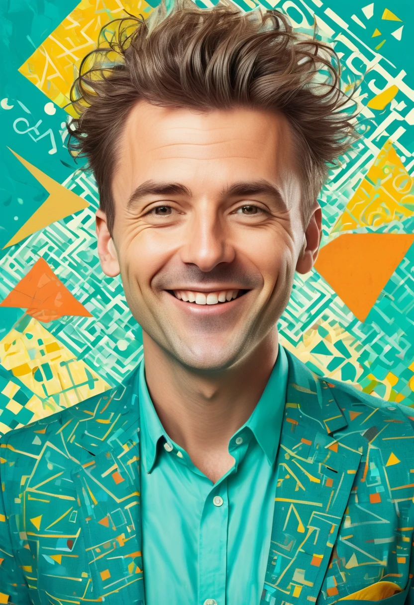 Pop art style portrait, a cheerful enthusiastic man with disheveled hair surrounded by bright geometric shapes, bold lines and a collage of text and symbols. a combination of cool and warm colors with an emphasis on turquoise, yellow and peach shades, as well as abstract elements that create an impression of movement and energy. The background is a dynamic mosaic of patterns and shapes reminiscent of urban street art and vintage advertising.