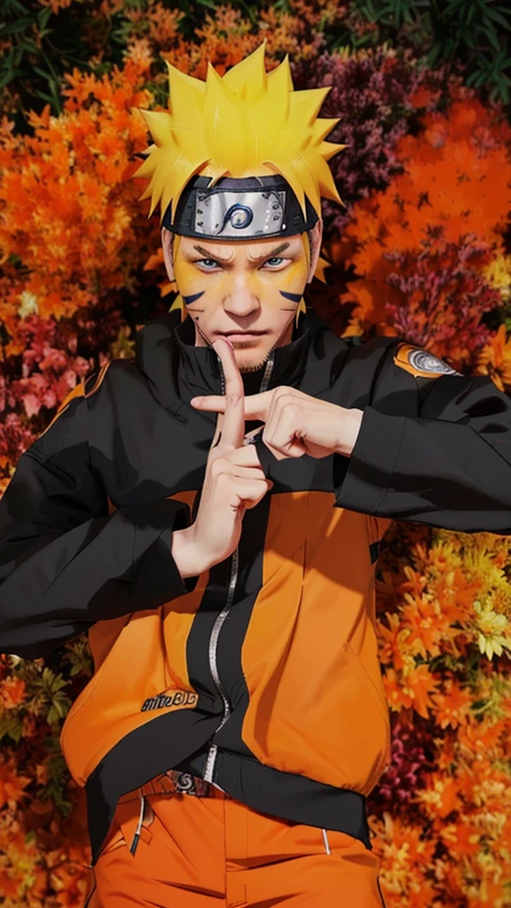 a man in an orange outfit pointing at something with his finger, naruto uzumaki, naruto artstyle, joker as naruto, from naruto, pain from naruto, naruto, uzumaki, joker looks like naruto, badass pose, shinobi, hinata hyuga, akatsuki akira, luffy dressed as naruto, naruto in gta v