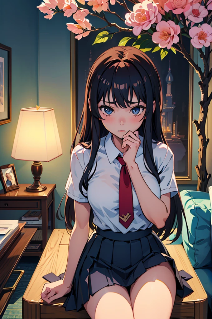 Anime girl sitting on a sofa in a room with a lamp, marin kitagawa fanart, Cute girl anime visuals, Beautiful anime school girl, Fine details. Girl前線, Attractive anime girl, Smooth anime CG art, a hyperRealistic , Realistic , Cute and elegant pose, Enchanting anime girl, JK Uniform, from Girl前線, Professional Writing、Professional Photographer、wonderful,最high quality,Physically Based Rendering、Skin with attention to detail、elaborately crafted costumes、Lady, Best image quality、masterpiece、high quality、Visual Arts、With background(Best graphics、Super delicate, wonderfulアニメ, Beautiful fantasy anime), portrait,Anime Style 4k, Smooth anime CG art, Cute realistic portrait, Anime Girl Portrait, Beautiful anime school girl, Lady学校, garden, Taunt的なLooking up, lure, Saucy, Large Breasts, Girl, Black Ribbon Tie, Short uniform skirt, Taunt的なLooking upでこちらを見ている、eyes are shining big, Bright interior、Elegant furniture is lined up, Cuteness and cuteness、遊び心と少しSaucyでTaunt的な雰囲気が漂っている, , Girl, lure, Sex, Looking up, Look up here, Brat, Saucy, hentai, porn, Taunt, challenging, lure, Sex, Open the chest, Nude, masterbation, naked, Pull up your skirt, Pussy, Pinch the skirt, Lift up the skirt, Flip up the skirt, Pussyを触る, Masturbation