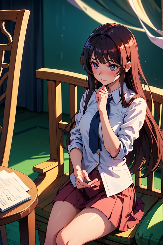 Tohsaka Rin, Aqua Eye, (Black Hair:1.5), hair ribbon, Long Hair, ribbon, Side Lock, Both sides up, (Parted bangs:1.5), break (brown Sweater vest:1.2), collared shirt, Homurahara Academy uniform, neck ribbon, red ribbon, ribbon, , shirt, Sweater vest, white shirt, break indoors, classroom, break looking at viewer, (Cowboy Shot:1.5) break (masterpiece:1.2), Highest quality, High resolution, unity 8k wallpaper, (figure:0.8), (Beautiful attention to detail:1.6), Highly detailed face, Perfect lighting, Highly detailed CG, (Perfect hands, Perfect Anatomy), Sit on a chair Cute white panties Spread your legs Spread your legs