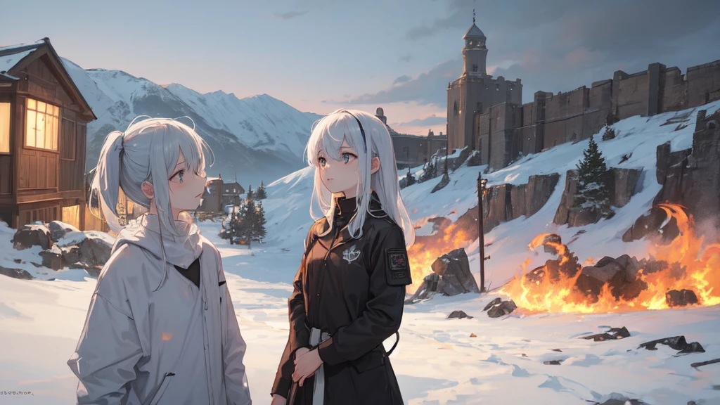 masterpiece:1.2), best quality , 独奏 ,pixiv, anime girl ,long straight white hair , black eyes ,Wearing off-white camouflage uniform ,ten years old,military fortress,(Eyes looking into the distance:1.3),(look away:1.5),snowy weather,dirty face,The background is a city in flames with blood on the forehead,dirty face,Backlight,Bare rocky peaks ,Fierce flames are burning,The expression is sad,Grit your teeth