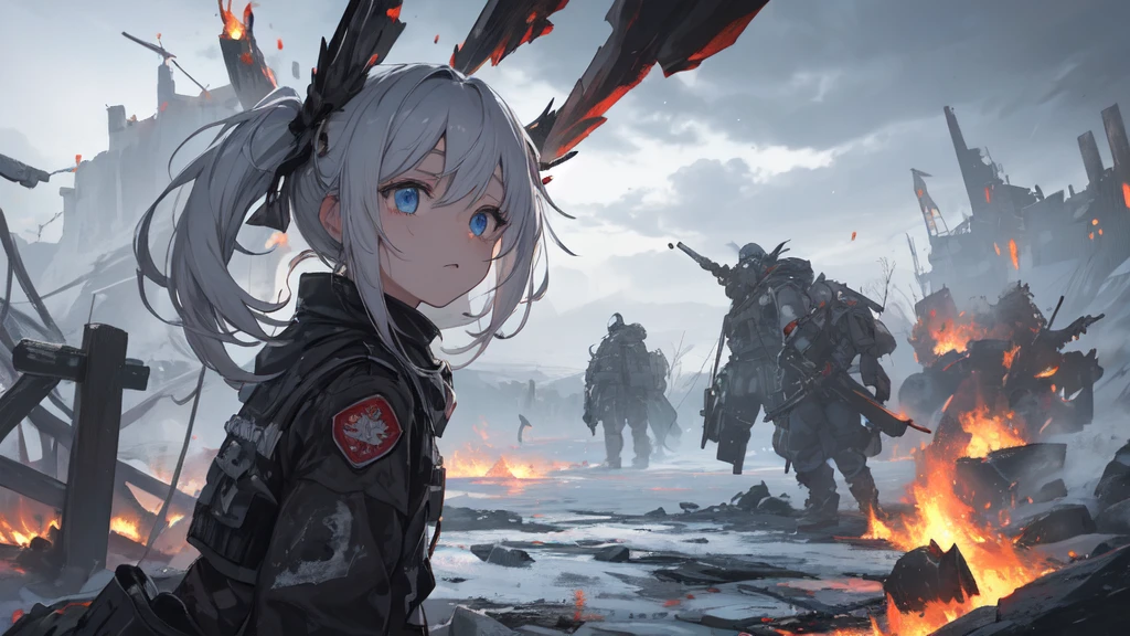 masterpiece:1.2), best quality , 独奏 ,pixiv, anime girl ，long straight white hair , black eyes ,Wearing off-white camouflage uniform ,ten years old，military fortress，(Eyes looking into the distance:1.3)，(look away:1.5)，snowy weather，dirty face，The background is a city in flames with blood on the forehead，dirty face，Backlight，Bare rocky peaks ,Fierce flames are burning，The expression is sad，Grit your teeth