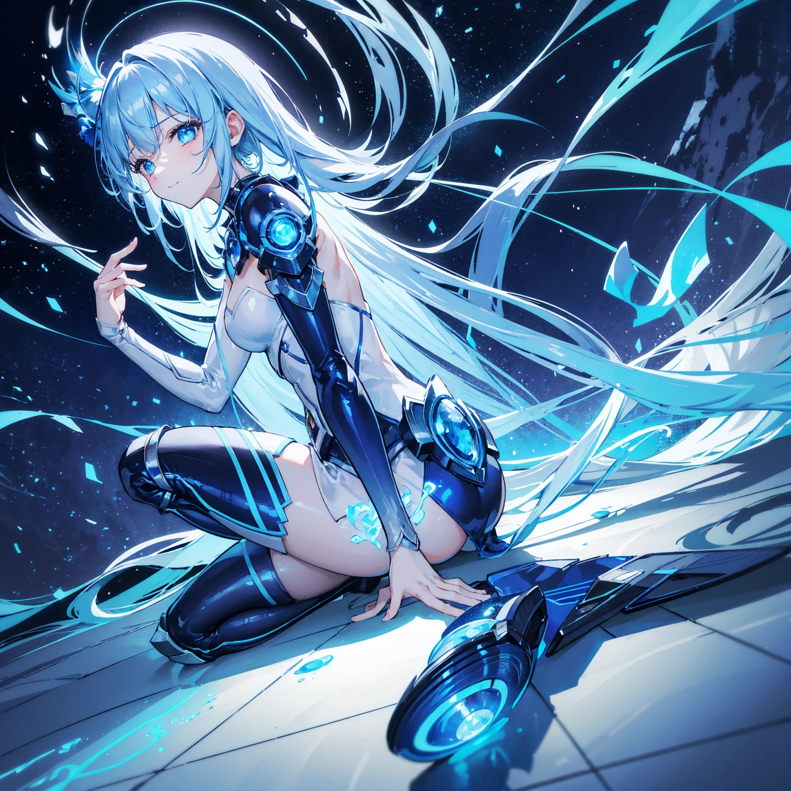 8K, Highest quality, (real:1.4), Original photo, 1 girl, Asari Hair, Biological Amplifier, Very sleek and futuristic armor, posture: Peace talks between warring factions,,attention arousal, smart blue eyes,A modest smile,Knee-high boots,Patent-look blue tights,Blue big moon and blue light swirl in the background,Blue light from behind,blue light magic,A small, glowing blue ball in the palm of your hand,Blue flame swirl,Blue Comet,Polished floor,
