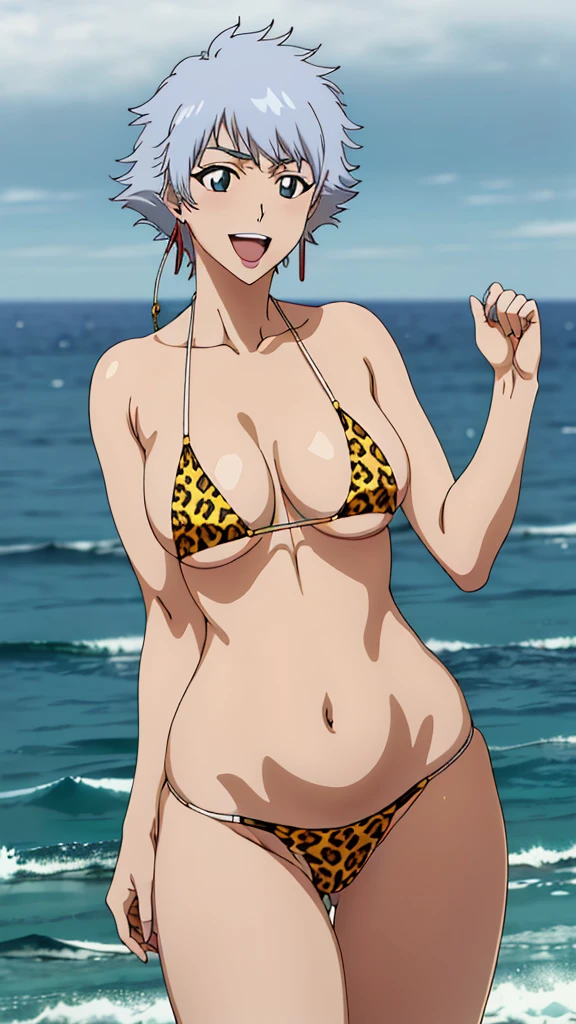 (masterpiece, 4K, Highest quality, anime style: 1.9, Detailed face, Lovely, Ocean,bold, High resolution, anime, Lake 4. alone, Curvaceous, smile, Please open your mouth wide, Very slim belly, Cowboy Shot, 1 Girl,,(Leopard print swimsuit),Isane Kotetsu Bleach,Silver Hair