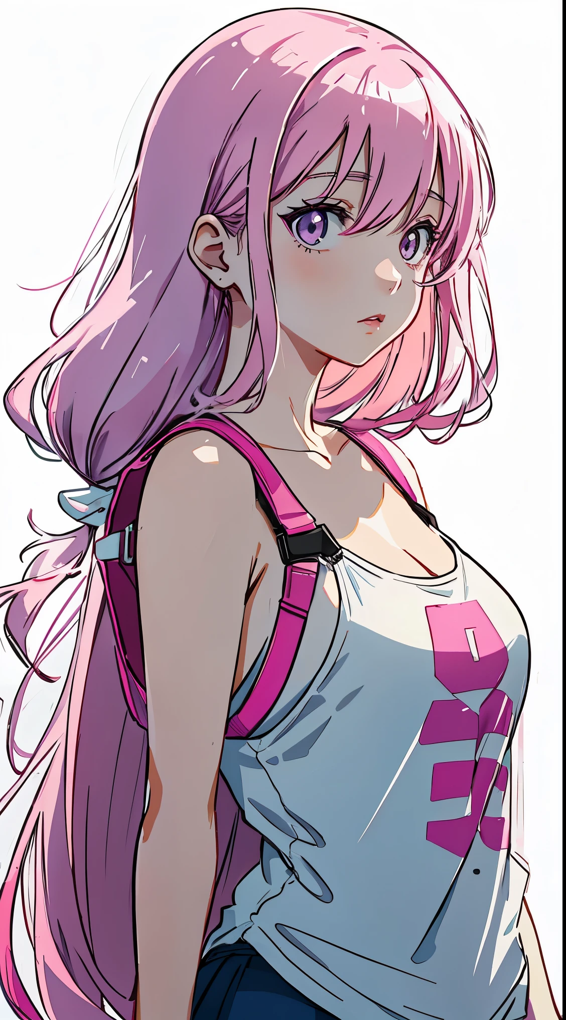 Middle aged girl,Long pink hair, reddish-pink lips,In a bright white shirt,Pastel palette in aurora punk style,anime illustration of her face,Animated gifs,Hand-drawn animation,Fascinating sketch,smooth and shiny,Foggy romanticism,Super flat style,White background – 1 ar.:1-niji 5-expressive style-with 50,split,big breasts,Shoulder straps are detachable