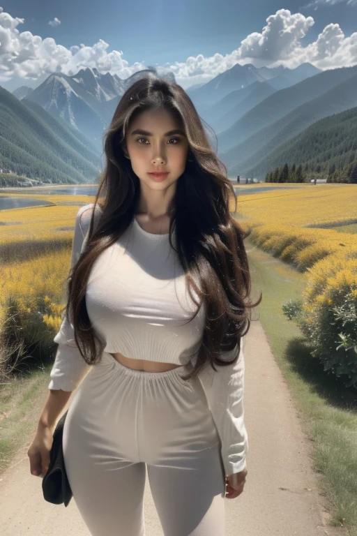 cute face girl,1girl,beautiful detailed eyes,beautiful detailed lips,extremely detailed eyes and face,long eyelashes,girl in shorts and leggings,girl on top of mountains,cinematic lighting,dramatic lighting,warm color palette,breathtaking landscape,dramatic sky,realistic,photorealistic,photo-realistic:1.37,(best quality,4k,8k,highres,masterpiece:1.2),ultra-detailed,(realistic,photorealistic,photo-realistic:1.37)