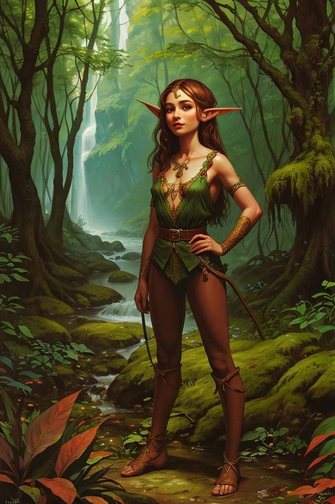 rubenesque elf, standing in a forest glade, small brook, woman