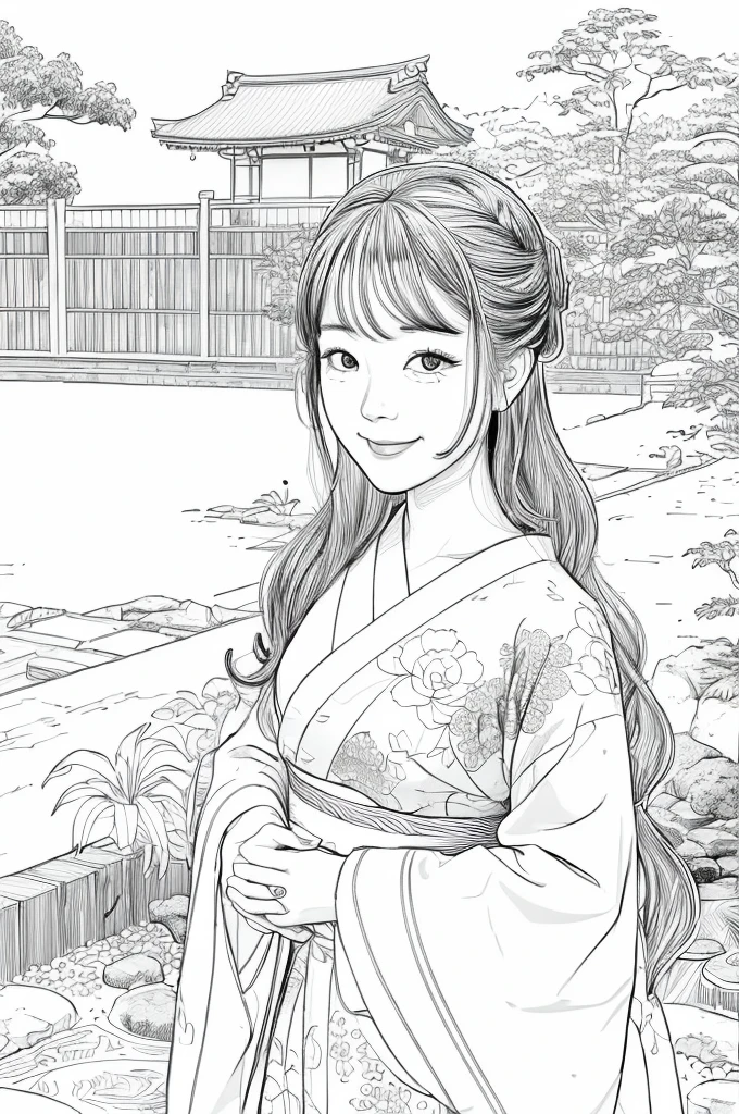 Please create a realistic ukiyo-e illustration of a cute, smiling woman in a kimono that conveys Japanese culture in various poses with (a Japanese garden in the background:1.5), using a simple black and white coloring book that even children can do. The illustration is a illustration with detailed facial features and cartoon-style visuals, (high contrast, sketch, monochrome, clean line drawings for coloring book:1.5)