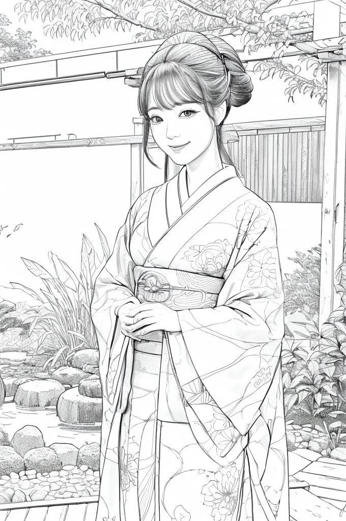 Please create a realistic ukiyo-e illustration of a cute, smiling woman in a kimono that conveys Japanese culture in various poses with (a Japanese garden in the background:1.5), using a simple black and white coloring book that even children can do. The illustration is a illustration with detailed facial features and cartoon-style visuals, (high contrast, sketch, monochrome, clean line drawings for coloring book:1.5)