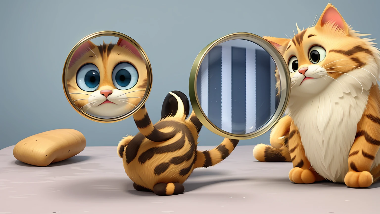 Create a cute cat, using a magnifying glass, in animated style looking at us 