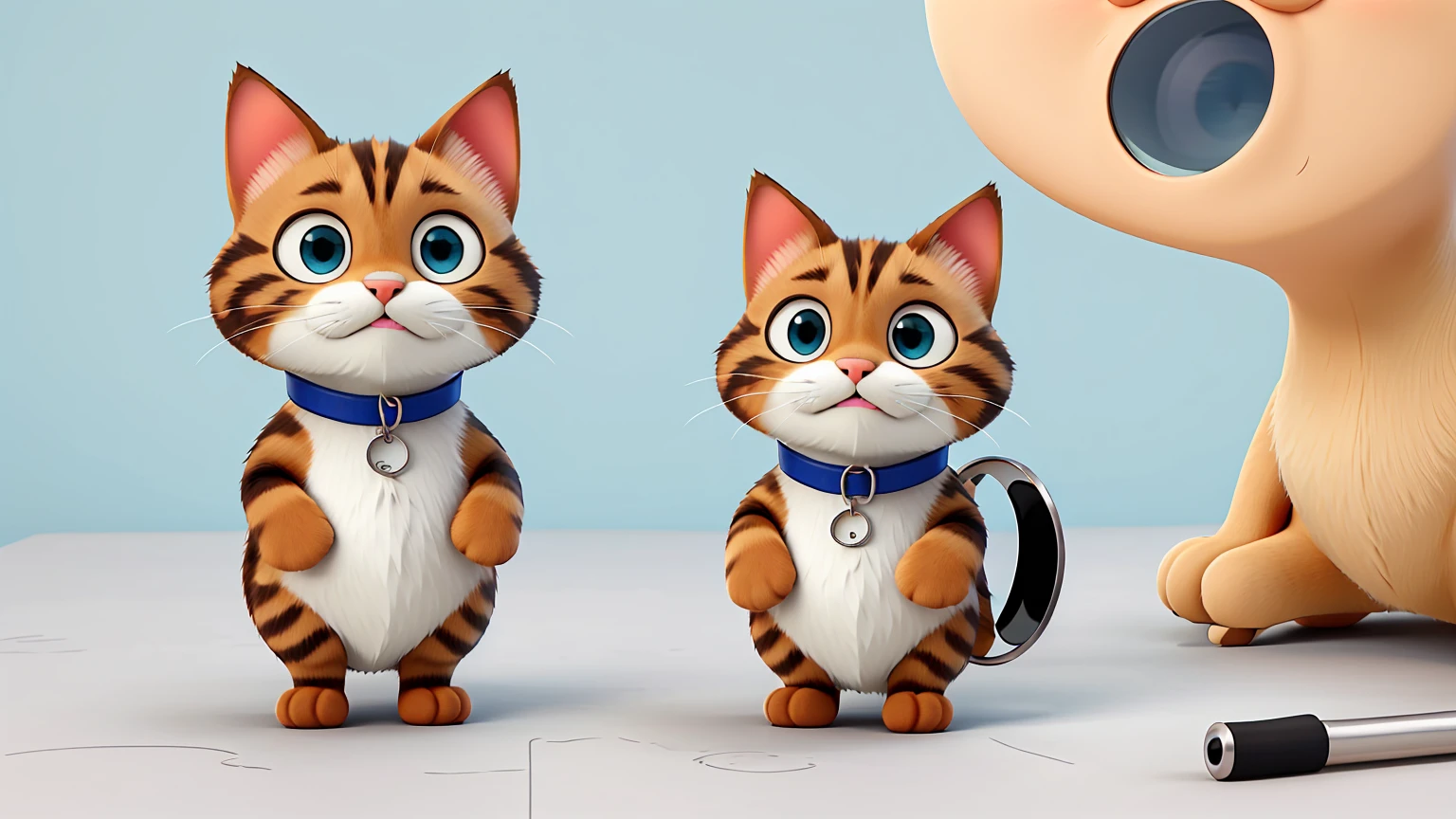 Create a cute cat, using a magnifying glass, in animated style looking at us 