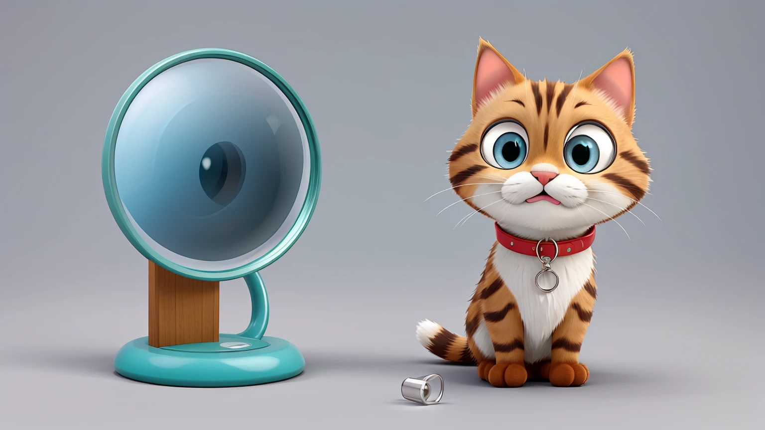 Create a cute cat, using a magnifying glass, in animated style looking at us 