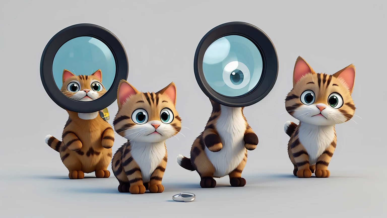 Create a cute cat, using a magnifying glass, in animated style looking at us 