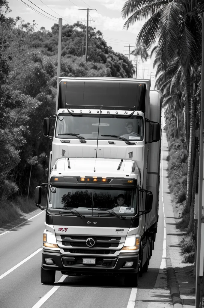 Shot of a truck traveling along a road, with a sign at the end of the path with the word "Goiania". In the back of the truck, football players appear, wearing black and white striped shirts