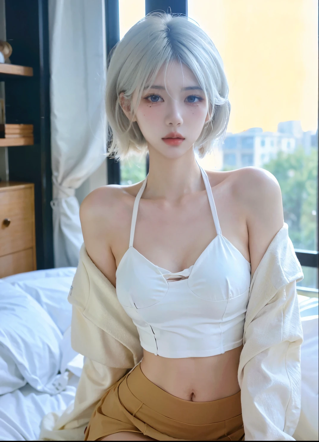 Beautiful woman with perfect figure:1.4,Ultra-high resolution,White background,(lifelike:1.4),Layered Hairstyle,White skin,Bikini:1.uper short pleated skirt,whole body,Very delicate face and skin texture,Double eyelids,Skin Whitening,short hair,White hair