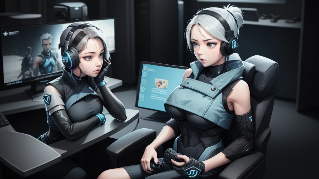 jett \(valorant\), blue cropped jacket, sleeveless, black bodysuit, black pants, 1girl, solo, headset, gaming chair, looking at screen, livestream, dark, glowing, facepalm, hot, big tits, sexy figure 