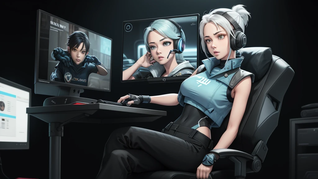 jett \(valorant\), blue cropped jacket, sleeveless, black bodysuit, black pants, 1girl, solo, headset, gaming chair, looking at screen, livestream, dark, glowing, facepalm, hot, big tits, sexy figure 