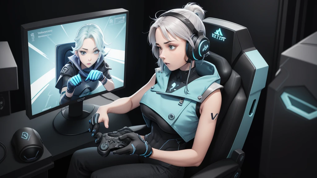 jett \(valorant\), blue cropped jacket, sleeveless, black bodysuit, black pants, 1girl, solo, headset, gaming chair, looking at screen, livestream, dark, glowing, facepalm, hot, big tits, sexy figure 