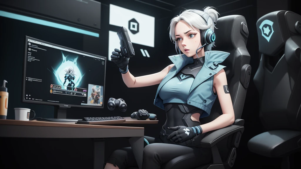 jett \(valorant\), blue cropped jacket, sleeveless, black bodysuit, black pants, 1girl, solo, headset, gaming chair, looking at screen, livestream, dark, glowing, facepalm, hot, big tits, sexy figure 