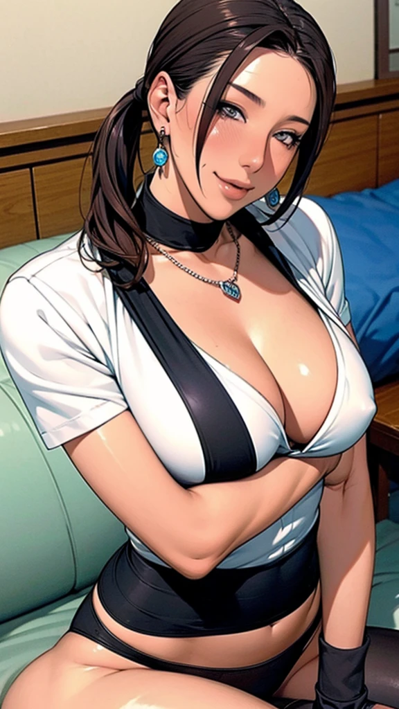 ((Correct Anatomy)),Highest quality, High resolution,(((Office Lady Costume))),(((High resolution))),(Intense masturbation, blush, Embarrassing, smile,The whole body is sweating,Big Breasts,Ahegao,),((OL)),(((Long Hair))),(((Highest quality))),(((cute))),((((Black panties)))), ((Black Pantyhose)),((Black knee-high stockings)),((はにかんだsmile)),(((Mature MILF)))、(One mature woman)、((Long Hair))、((ponytail))、I could see the whole body, Soft Breasts, Dynamic Angle, Perfect body, ((Earrings、necklace,Pleated skirt)),Sit on the sofa