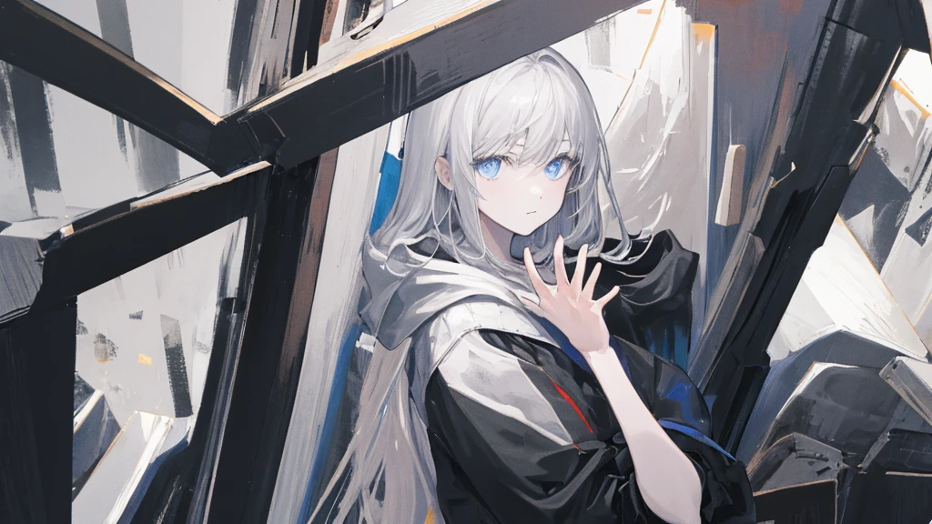 shape: Used Cassina), (Monochrome:0.9),(Colored:1.1),(masterpiece:1,2), Highest quality, masterpiece, High resolution, original, Highly detailed wallpaper, Looking at the audience,,,1 Girl,alone,Stalker,Slow Sports、Gray Hair、black hooded jacket、blue eyes、Make your hands real
