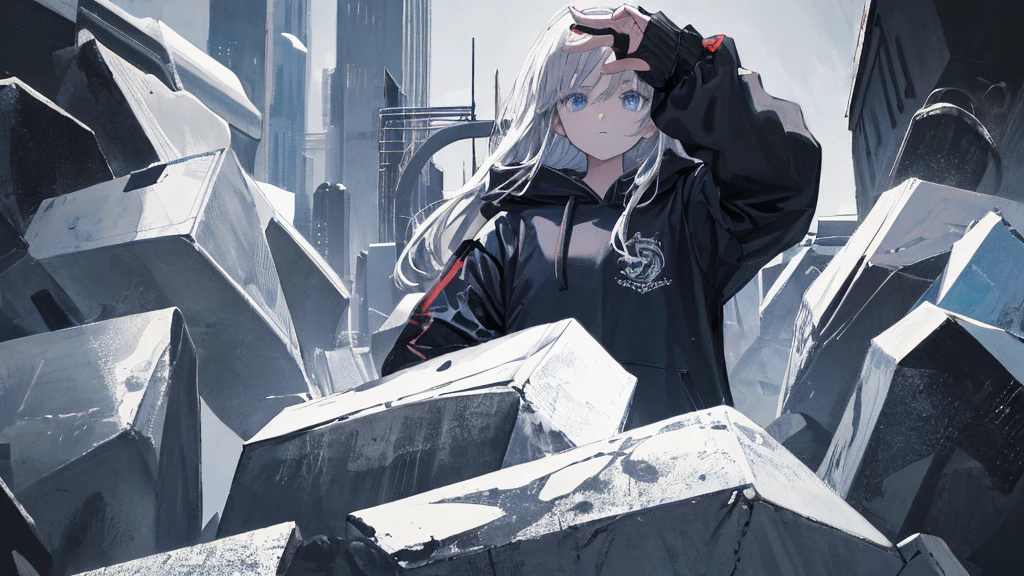 shape: Used Cassina), (Monochrome:0.9),(Colored:1.1),(masterpiece:1,2), Highest quality, masterpiece, High resolution, original, Highly detailed wallpaper, Looking at the audience,,,1 Girl,alone,Stalker,Slow Sports、Gray Hair、black hooded jacket、blue eyes、Make your hands real