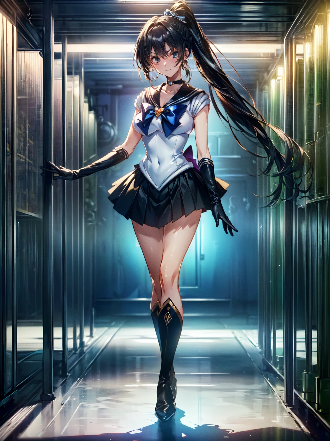 Perfect Anatomy,(8K, Highest quality, masterpiece:1.2),\(Beautiful Eyes\),\(Facial Features\),(\(Costume details Details\)\),(Big Lesbians , Super Skirt,Sailor Moon Costume,(Face Focus) ,Very detailedな CG Unity 8K 壁紙,Large file size,Very detailed,High resolution,Absurd,Beautiful Eyes,Ray Tracing,Dramatic Shadows,Down to the last detail,elevation,Hyper Detail,(alone),Anime Style、Very long straight hair、Black Hair、Black sailor collar、Black Absolute Short Mini Scarbow Gloves、(In the research facility:1.4),(full body:1.5),evil smile,