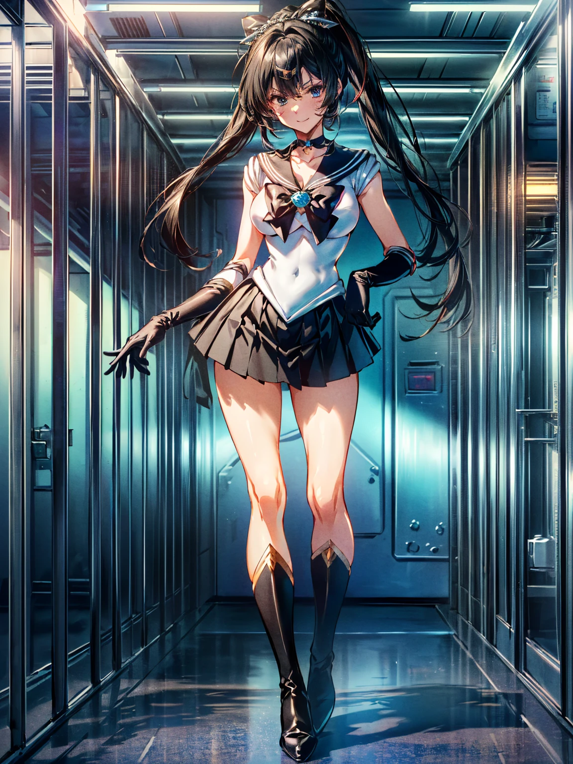 Perfect Anatomy,(8K, Highest quality, masterpiece:1.2),\(Beautiful Eyes\),\(Facial Features\),(\(Costume details Details\)\),(Big Lesbians , Super Skirt,Sailor Moon Costume,(Face Focus) ,Very detailedな CG Unity 8K 壁紙,Large file size,Very detailed,High resolution,Absurd,Beautiful Eyes,Ray Tracing,Dramatic Shadows,Down to the last detail,elevation,Hyper Detail,(alone),Anime Style、Very long straight hair、Black Hair、Black sailor collar、Black Absolute Short Mini Scarbow Gloves、(In the research facility:1.4),(full body:1.5),evil smile,