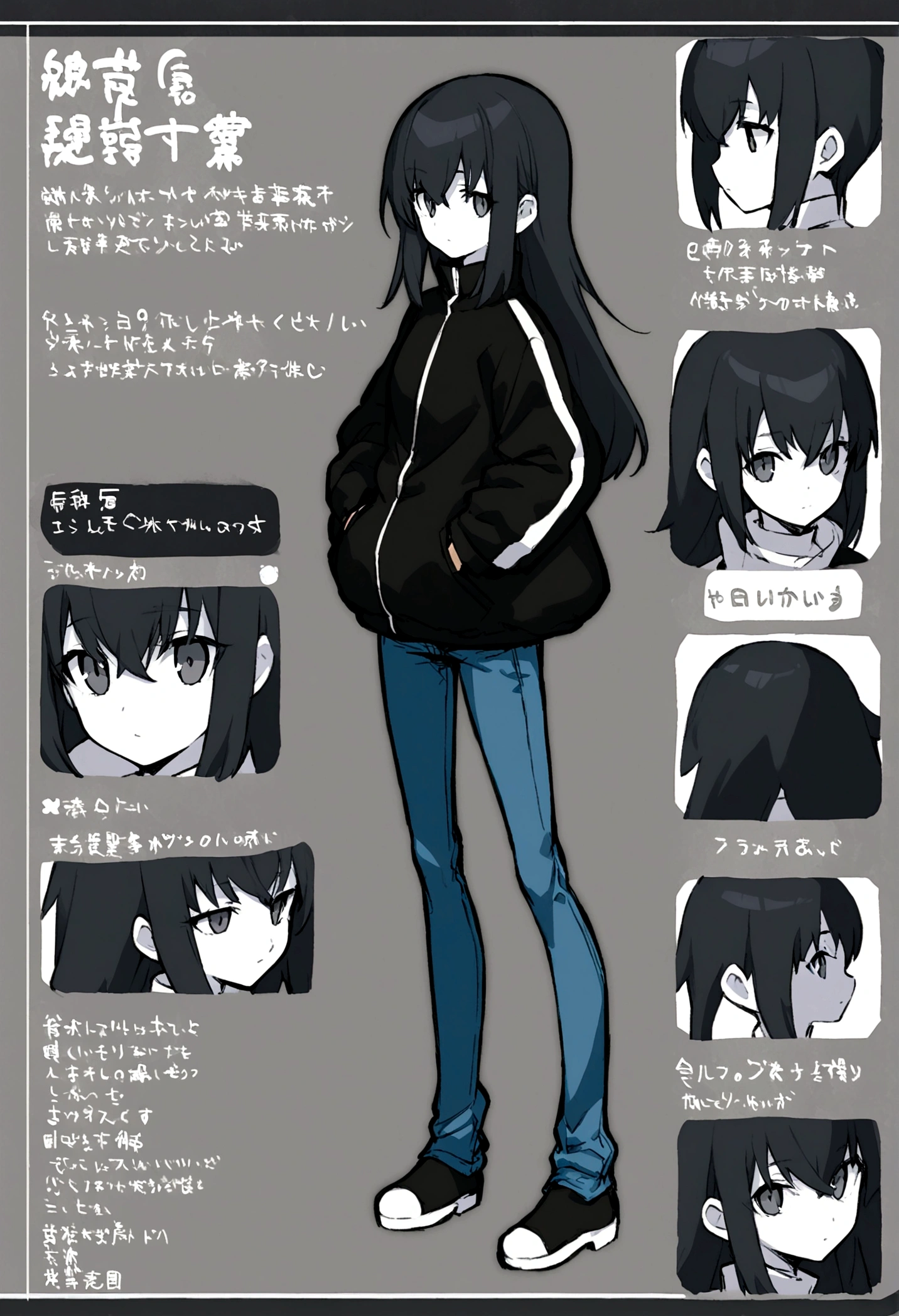 Create a character model sheet that includes full body of the character, front view, side view, and back view. The character is a college girl with black wolf-cut hair, wearing oversized jacket and jeans. She has a black eye, white skin