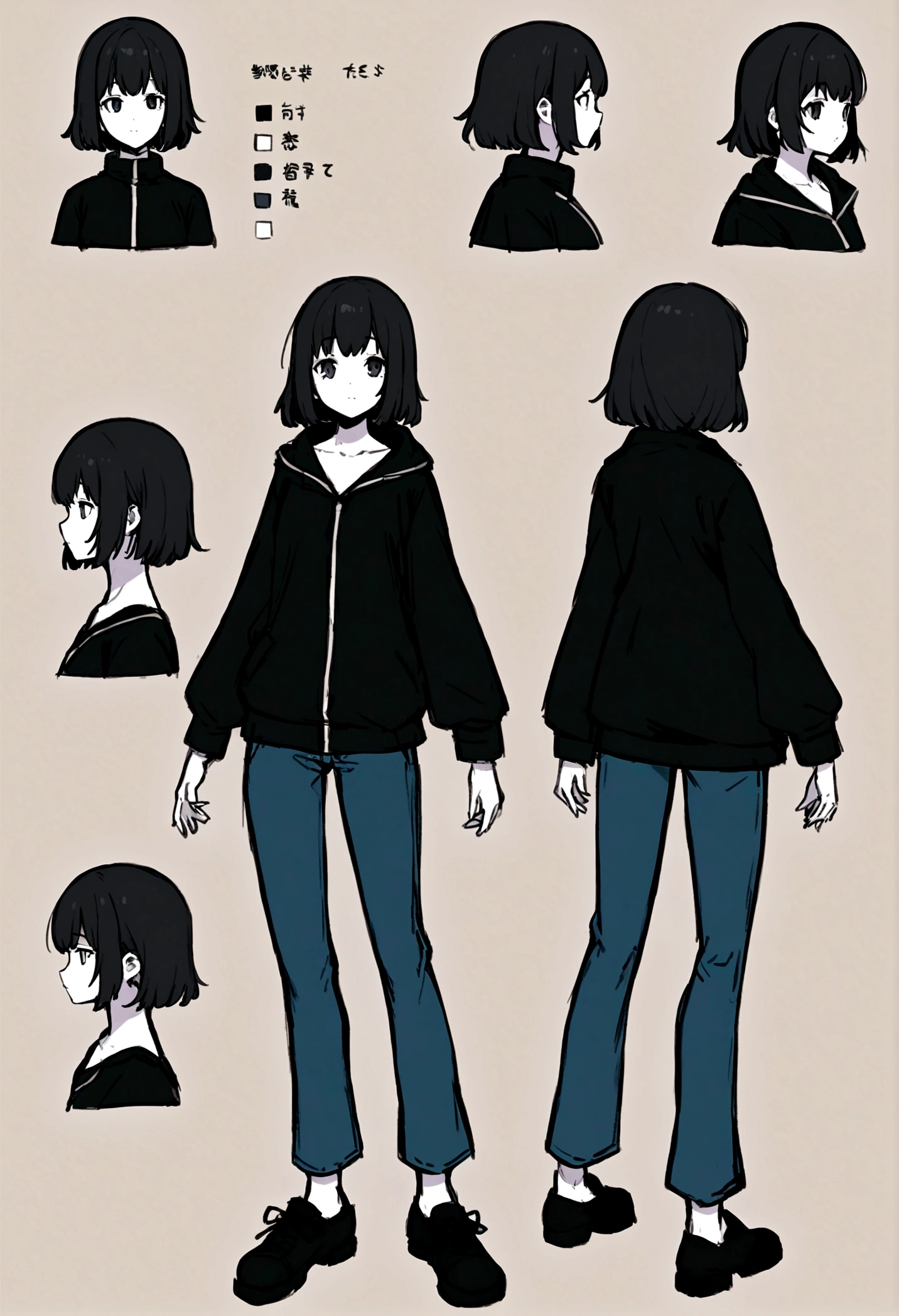 Create a character model sheet that includes full body of the character, front view, side view, and back view. The character is a college girl with black wolf-cut hair, wearing oversized jacket and jeans. She has a black eye, white skin
