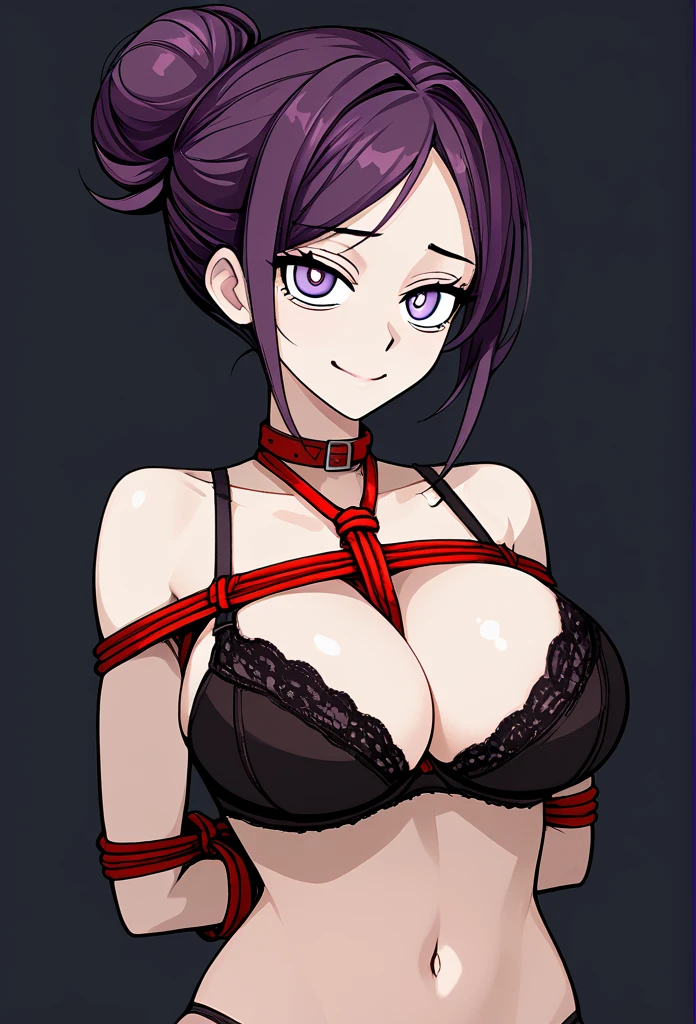 mature woman, tomboy, hot face, dumb smile, drowsy expression, airheaded face, (drowsy eyes), violet eyes, (tied up hair, bun hair, dark magenta hair, dark hair), (fit body, mature body), large breast, panties, bra, bedroom