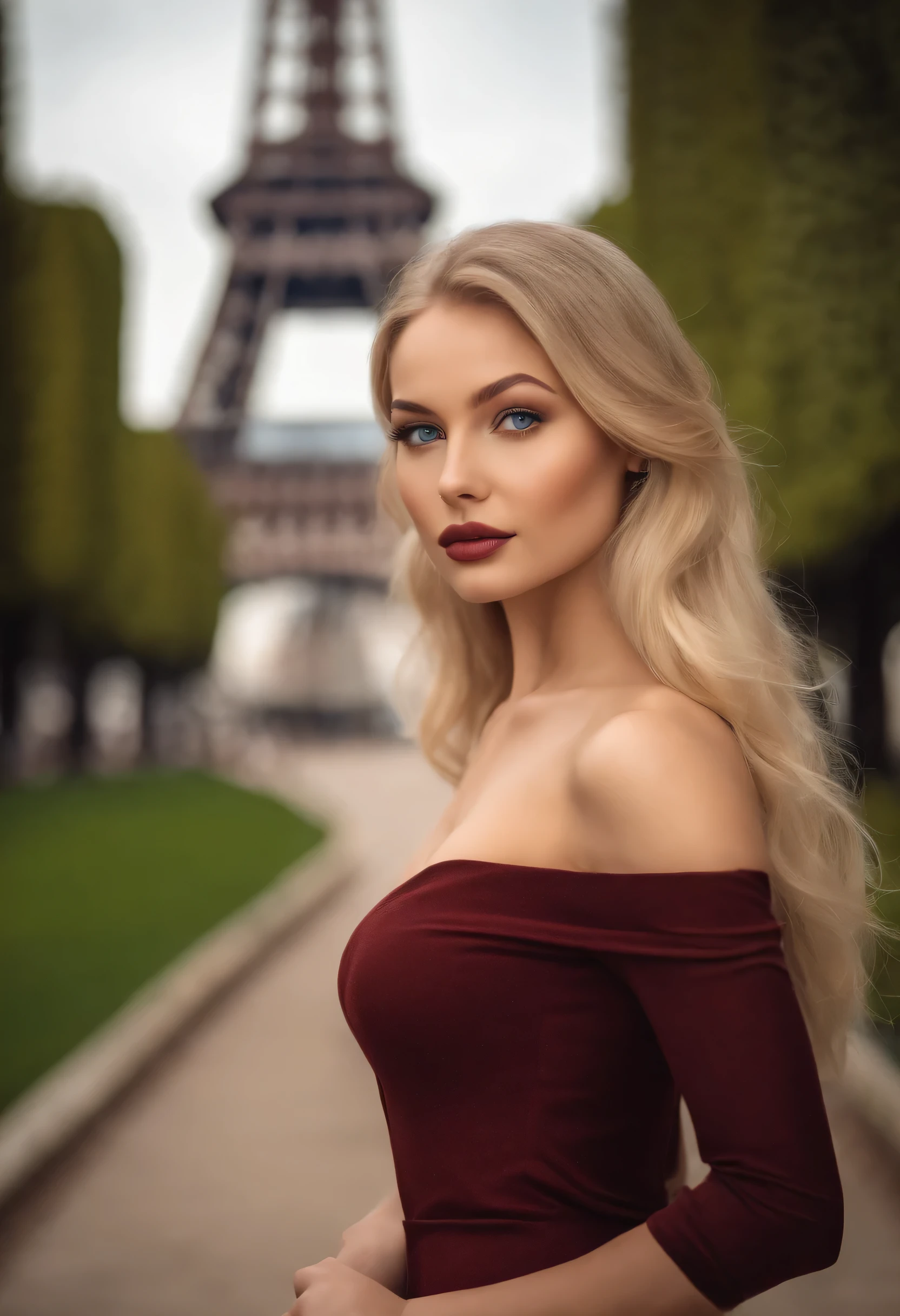 A balanced and attractive woman with captivating blue eyes, reminiscent of the ultra-realistic Sophie Mudd. blonde girl, She wears natural makeup, exudes a sexy charm in a short dress, blonde hair and poses against the backdrop of the Eiffel Tower with a prominent bust.