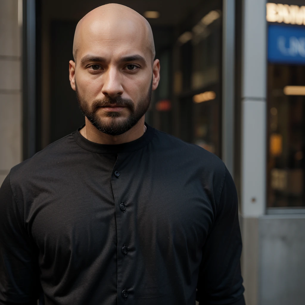 30 year old man. Ultra realistic. 4k. Bald. Bearded. Well dressed. Streets of new York. Head and shoulders. Muscular. Black shirt