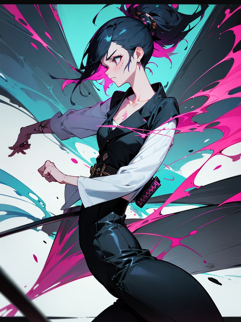 1 woman, wearing a stylish and edgy outfit, the color palette is mainly dark with splashes of vibrant colors, tailored white shirts, fashionable, woman, vibrant, outfit, colorful, accessory, majestic, sharp focus, modern, determined expression, closed one eye, disgusted face, embarrassed, Ink wash painting background, geometry tattoo, (cinematic), elaborate, holding japanese sword, katana, action pose, from side, collarbone,