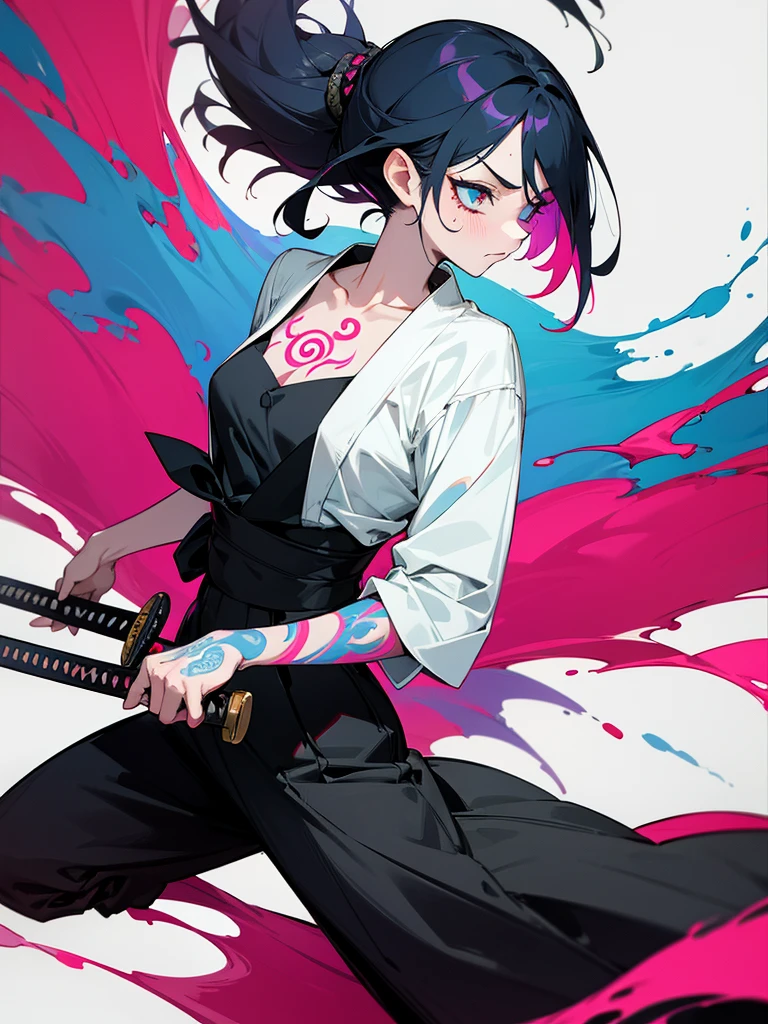 1 woman, wearing a stylish and edgy outfit, the color palette is mainly dark with splashes of vibrant colors, tailored white shirts, fashionable, woman, vibrant, outfit, colorful, accessory, majestic, sharp focus, modern, determined expression, closed one eye, disgusted face, embarrassed, Ink wash painting background, geometry tattoo, (cinematic), elaborate, holding japanese sword, katana, action pose, from side, collarbone,