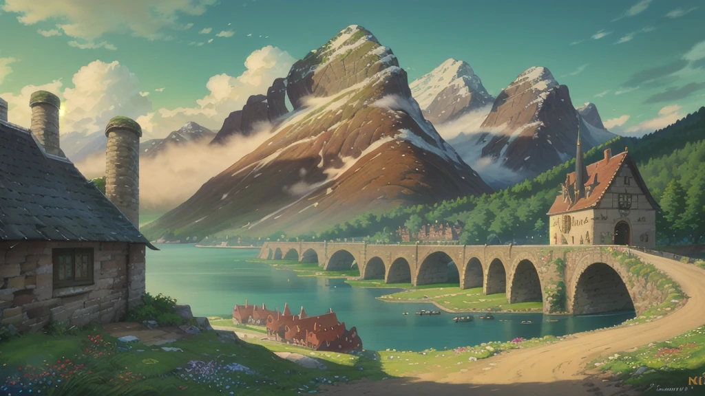 (best quality,4K,8K,high resolution,masterpiece:1.2),Extremely detailed,(Practical,photoPractical,photo-Practical:1.37)A cartoon scene, cartoon harbour city medieval style red roofs stone bridge sailboat blue sea cliff green trees,Medieval castle walls