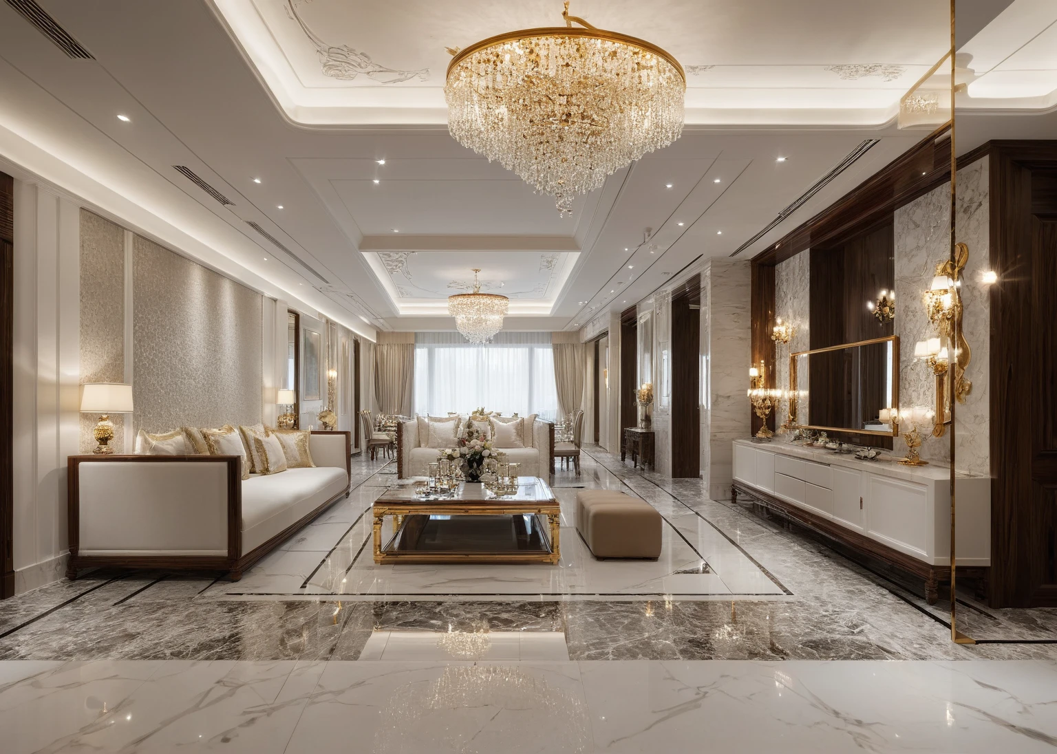 ,Masterpiece, Best quality,8K, Ultra-high resolution,When you step into the dinning room of restaurant room,Immediately surrounded by a rich atmosphere of luxury. The space  was covered with a soft white fluffy blanket,It is so comfortable,So much so that you can't help but indulge in it。Embellished with precious porcelain and white-off gold ornaments。Whenever it is late afternoon,The afterglow from the window spilled on the floor,Soft light and shadow are reflected,It was as if entering a dreamland. ((Wooden chair and table : 1.3)), ((COLUMN MIRROR : 1.3))