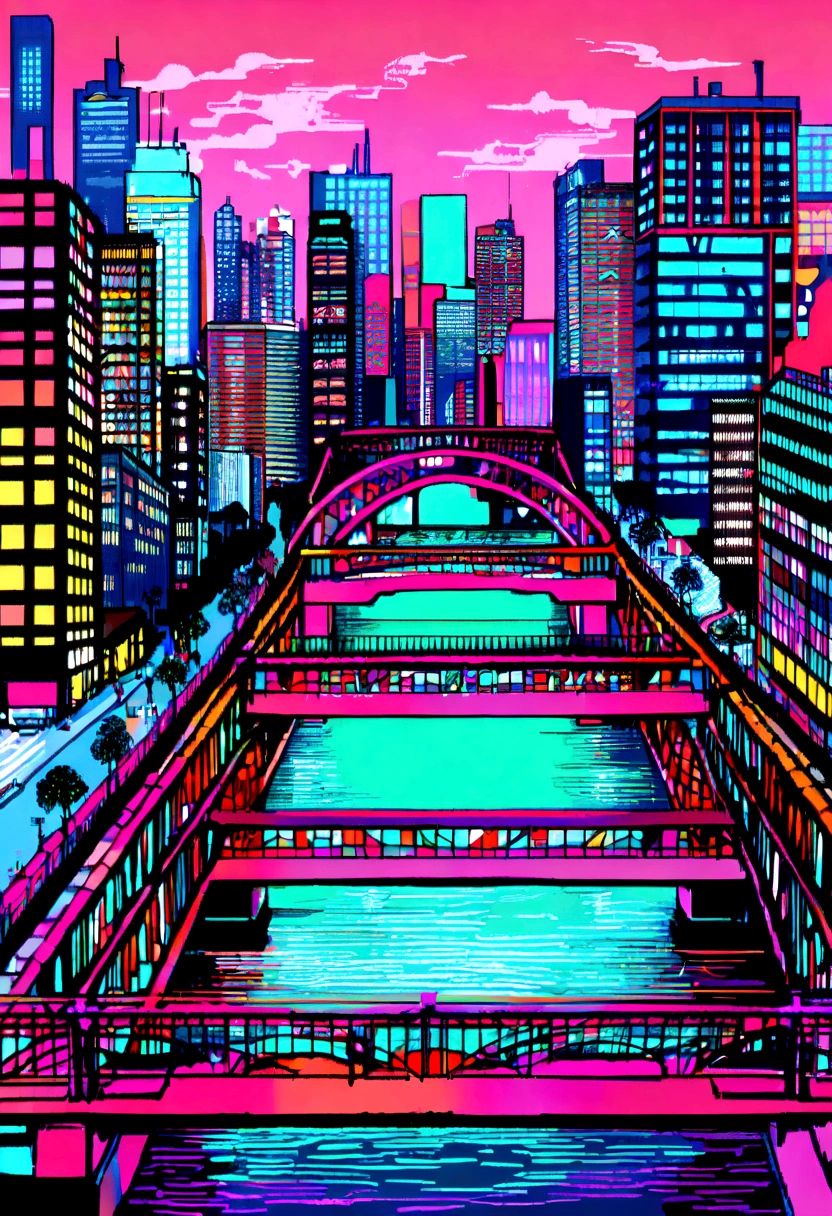 masterpiece, Highest quality, Beautiful attention to detail, Super detailed, In detail, High resolution, Perfect Anatomy, colorful, pastel colour, (1 Girl), City pop illustrations, (City Pop Art), Simple Background, Retro Style, (Vaporwave City Pop), (80's city pop:1.5), (City Pop Anime), null, (bridge脚, river, bridge:1.5), Retro Style, Kyoto Animation, 80's fashion,