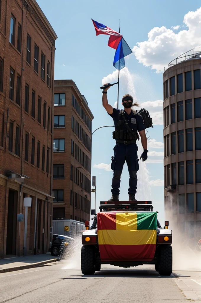 A demon holding up the pride flag getting sprayed by a water tank vehicle