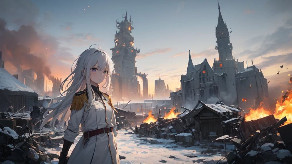 masterpiece:1.2), best quality , 独奏 ,pixiv, anime girl ，long straight white hair , black eyes ,Wearing off-white camouflage uniform ,，military fortress，(Eyes looking into the distance:1.3)，(look away:1.5)，snowy weather，dirty face，The background is a city in flames with blood on the forehead，dirty face，Backlight，Bare rocky peaks ,Fierce flames are burning，The expression is sad，Grit your teeth，The chariot is burning