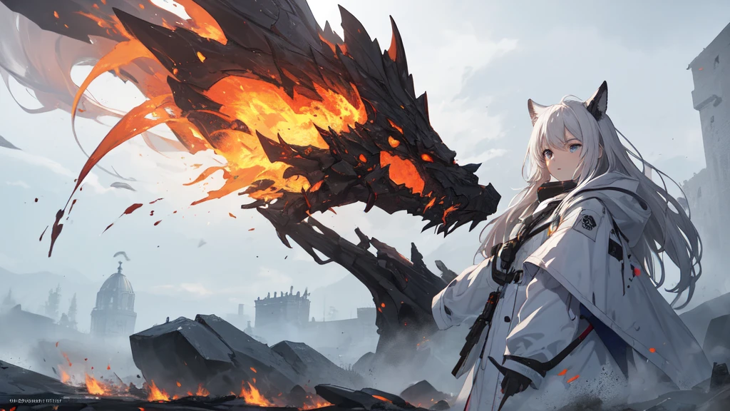 masterpiece:1.2), best quality , 独奏 ,pixiv, anime girl ，long straight white hair , black eyes ,Wearing off-white camouflage uniform ,ten years old，military fortress，(Eyes looking into the distance:1.3)，(look away:1.5)，snowy weather，dirty face，The background is a city in flames with blood on the forehead，dirty face，Backlight，Bare rocky peaks ,Fierce flames are burning，The expression is sad，Grit your teeth，The chariot is burning